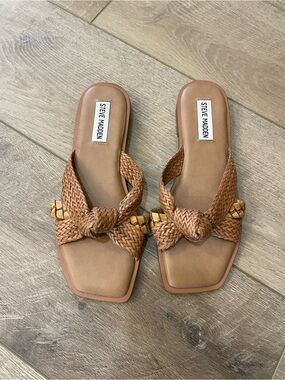 Steve Madden Braided Knot Slide Sandals in Tan with Gold Accents